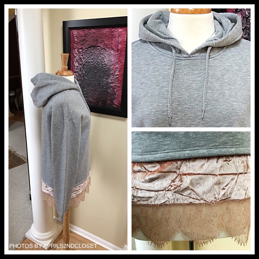 TOPSHOP PULLOVER HOODIE VELVET LACE TRIM TUNIC - Picture 4 of 8